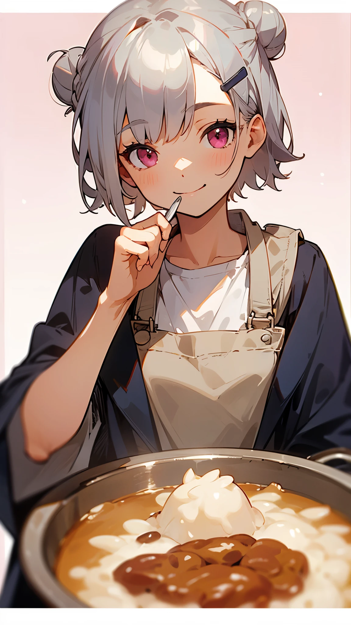 (highest quality,High resolution,Very detailed),eat porridge, Short silver bob hair tied in a bun with a hair clip, Pink Eyes、spoon, smile、Background blur, Depth of written border