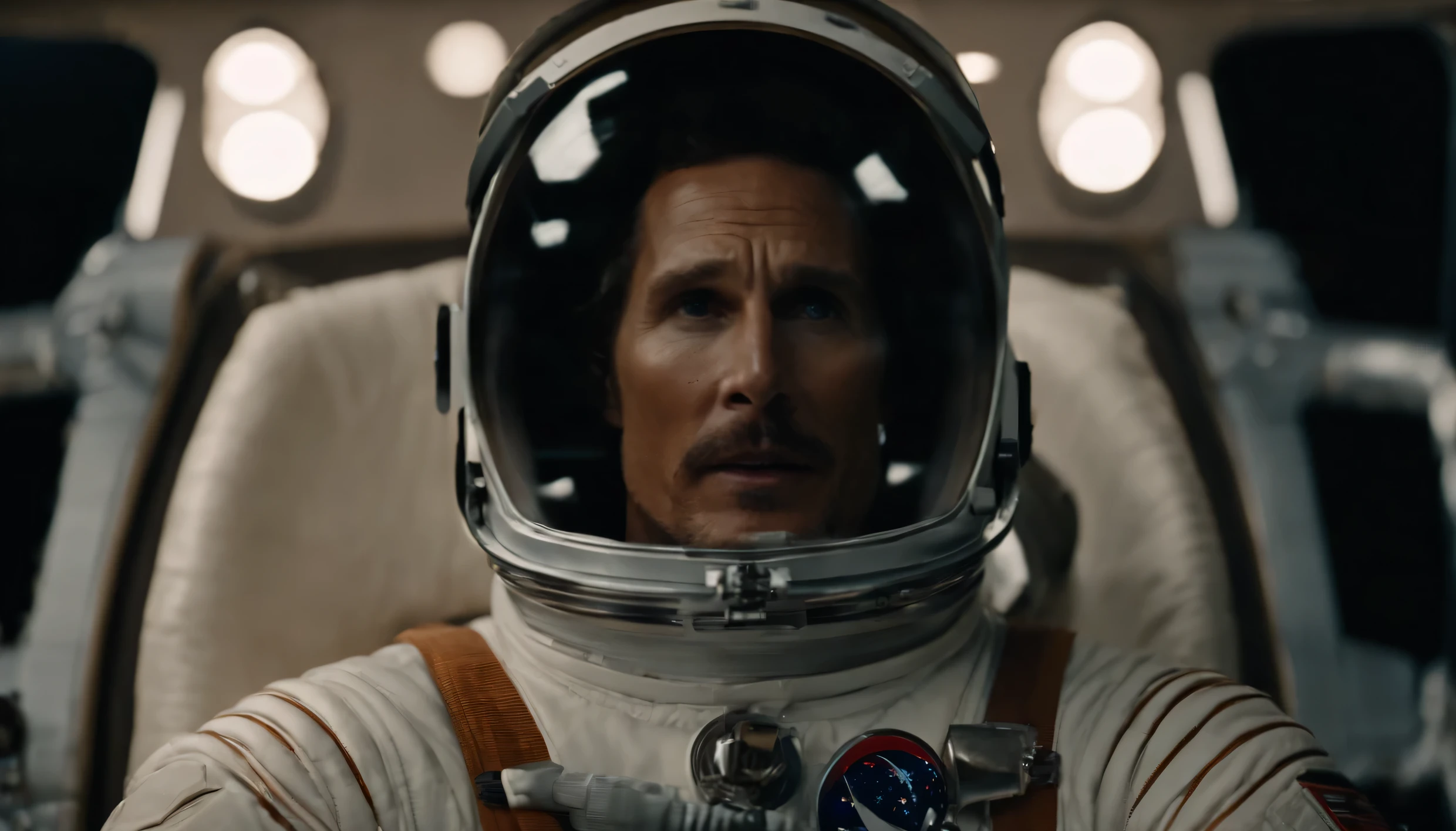 A vintage-style panavision closeup shot of Matthew McConaughey as an astronaut in an astronaut costume crying face, sitting on the chair of a spaceship
