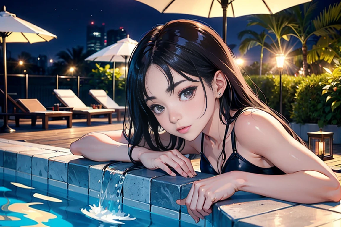 Dark brown hair、Light brown eyes、Japanese actress face、 Lady、Iは彼に似ています&;I'Iは40歳くらいです.、(Intricate details:1.2)、(highest quality:1.4)、 (Ultra-high resolution:1.2)、Ultra-high resolution、(Beautiful Eyes)、(Detailed facial features)、Ticker、8k resolution、D cup size breasts、Long Hair、Dubai hotel poolside、Poolside at night、Rows of pool beds、Lying on the pool bed、relax、lean on the backrest、Chanel swimwear one piece、Trendy clothes、Trendy Coordination、relaxした表情、Expressions that seem to have lost their power、