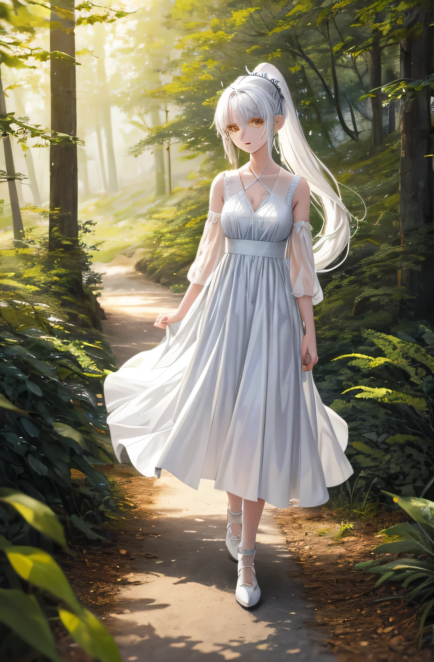 masterpiece,(1girl:17 yo), best quality, beautiful art style, white V-neck dress, white hair, long hair, ponytail ,yellow eyes, cheerful expression, outside (forest), hill view, book cover ,full body, walking in the forest