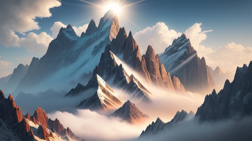 Digital illustration, detailed and intricate, of a high mountain, the sunlight filtering through the clouds creating a dappled effect. In the vector style, masterpiece, proportional, detailed, trending on artstation, beautiful lighting, realistic, intricate, award winning, 4k, highest quality