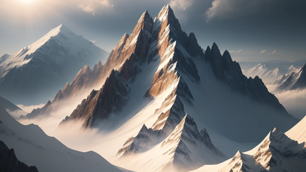 Digital illustration, detailed and intricate, of a high mountain, the sunlight filtering through the clouds creating a dappled effect. In the vector style, masterpiece, proportional, detailed, trending on artstation, beautiful lighting, realistic, intricate, award winning, 4k, highest quality