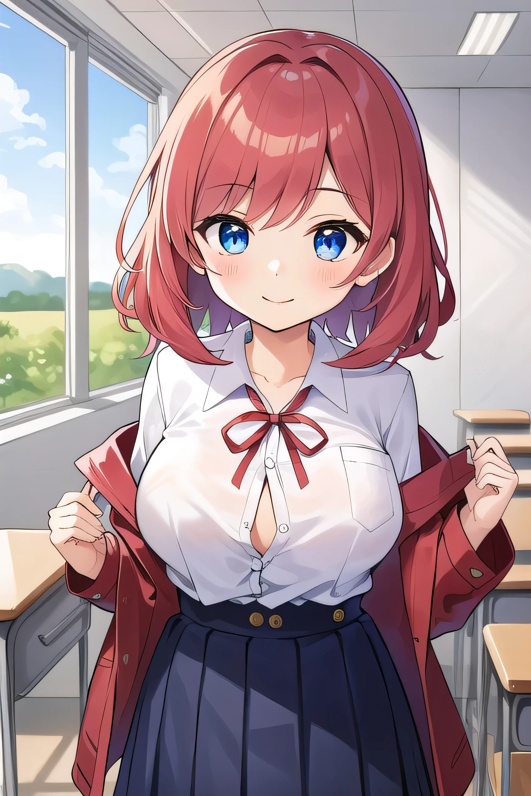 Big breasts, red hair, blue eyes, droopy eyes, red jacket, long sleeves, navy skirt, elementary school student, super big breasts, (medium hair: 1), baggy clothes, elementary school student, young face, short height, 10 years old, old, shy Agari, smiling a little, trying to unbutton his shirt in the classroom, white shirt, soft hair,straight hair