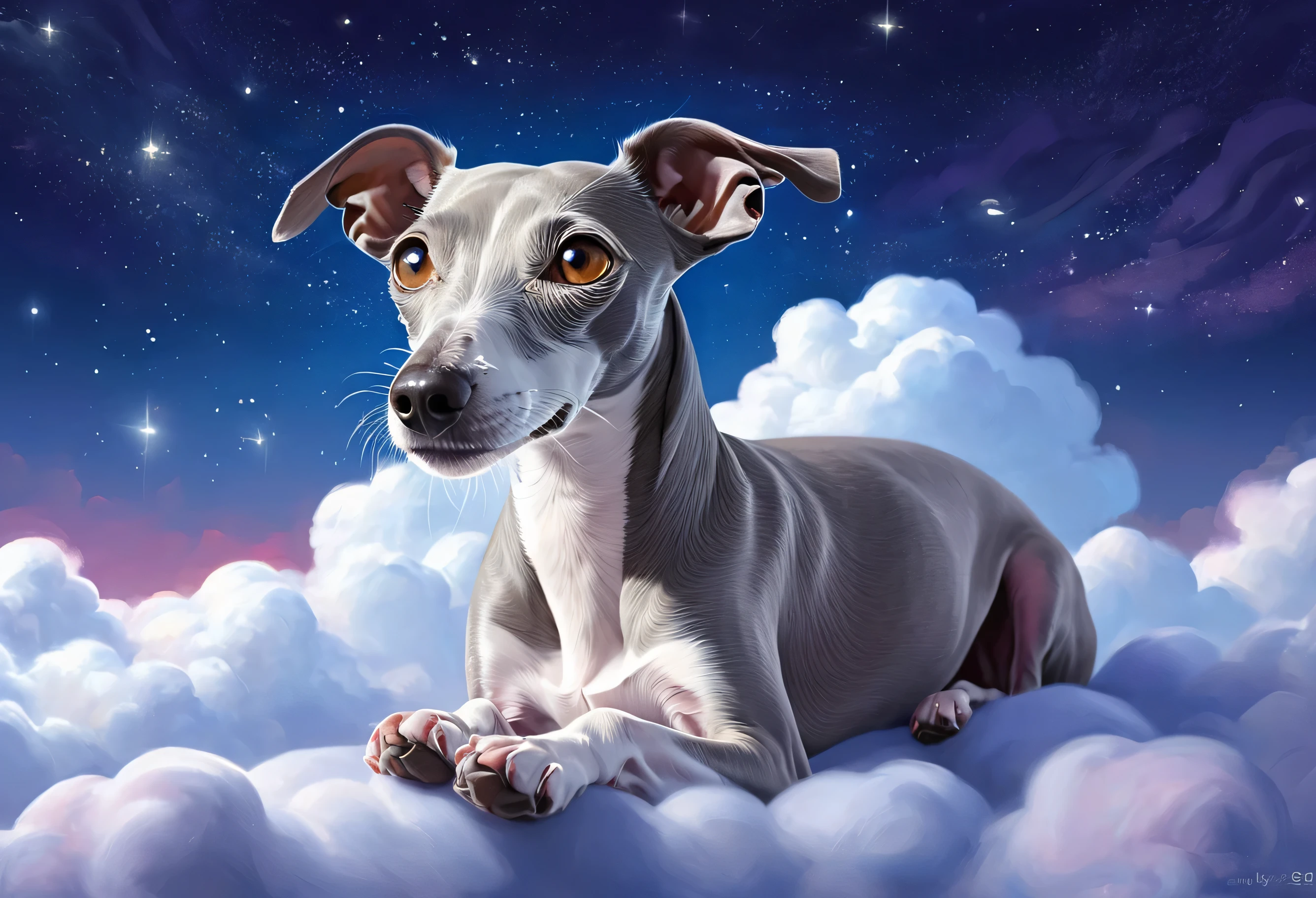 HD、Disney Pixar style digital painting、Natural light、rich background、Edge Lighting、Dreamy colors、Color Palette、Aspect Ratio 16:9 is。This picture is、It depicts a small gray and white Italian Greyhound lying peacefully on a glowing cloud.。Italian Greyhound with eyes closed、It's like enjoying a sweet dream.。The Italian Greyhound has a very calm expression.、The corners of the mouth are slightly turned up、It's as if he's laughing。In the background、A dreamlike starry sky spreads out、Decorated with dangling stars and soft halos、Some are connected by elegant lines、Creating a quiet and peaceful atmosphere for the night。The overall style is、Full of fantasy and fairy tale colors。The whole image is dominated by warm and bright colors.、The use of color is soft and layered。The grey and white Italian Greyhound、It contrasts vividly with the dark blue and purple background.、A perfect mix of warm and cool tones、It enhances the comfort of the painting。When you look at this picture、I feel so relaxed and happy。moreover、The details of the painting are very exquisite.、italian greyhound fur texture、The relaxed, fluffy feeling of the clouds、Twinkling starlight, etc.、It adds to the delicacy and charm of the painting.。