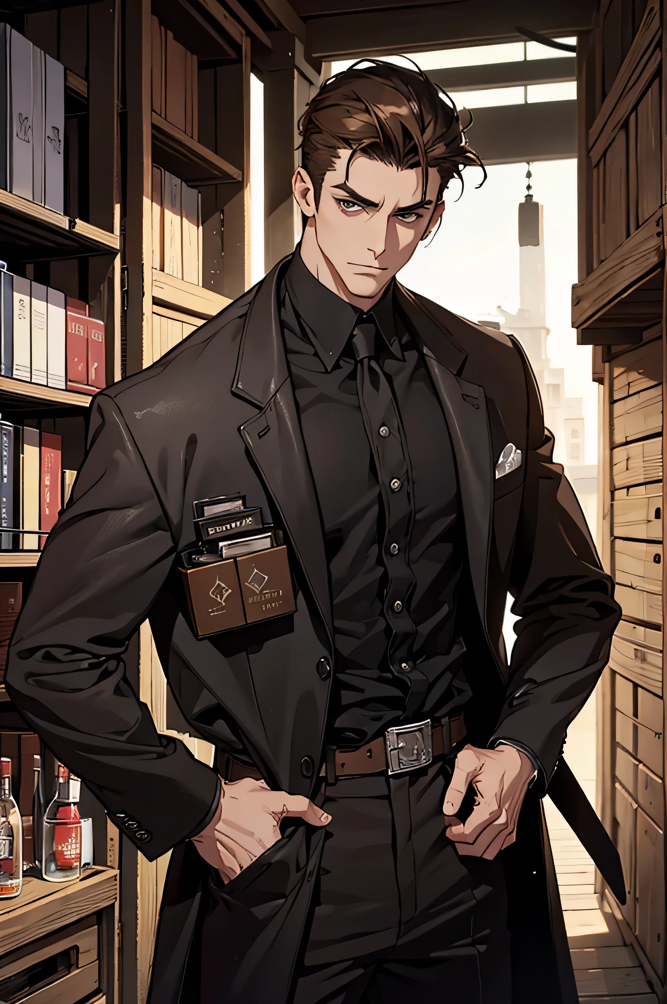 (absurd res, high res, ultra detailed), 1 male, adult, handsome, tall muscular guy, broad shoulders, brown hair, finely detailed eyes, portrait, looking at viewer, solo, half shot, detailed background, detailed face, (mafia industrial), smirk, renegade, rugged dark leather clothes, small leather pouch, high fantasy medieval setting, smuggler hideout background, stealth, undercover, (crates in background), shadows, fog, (dutch angle), closed mouth, black pants, mafia style, assassin