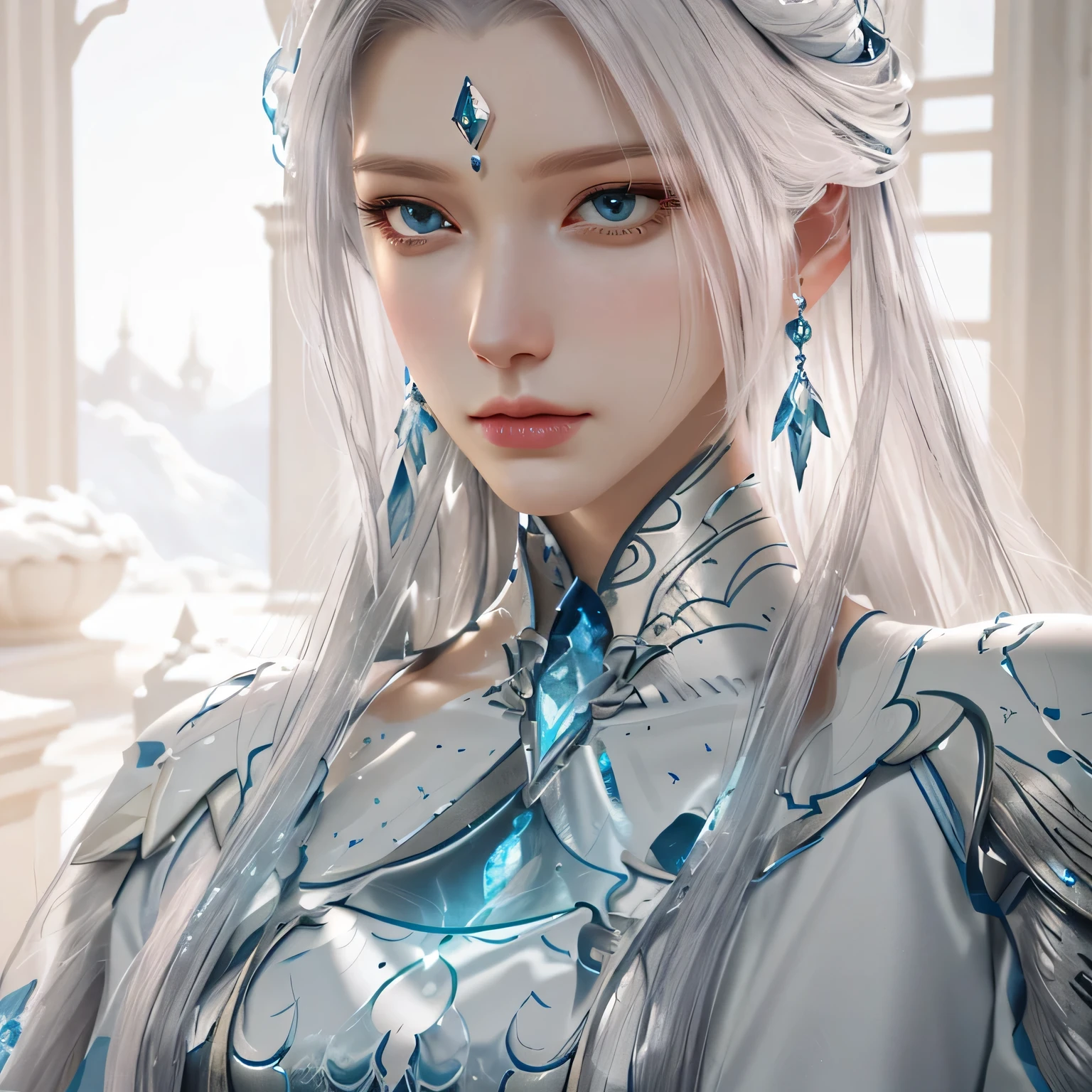 Close-up of a long-haired woman in a white dress, beautiful fantasy queen, Beautiful character painting, Game CG, Super detailed fantasy characters, ((beautiful fantasy queen)), Smooth anime CG art, palace , girl wearing hanfu, Stunning character art, 2. 5d cgi anime fantasy artwork, 8k high quality detailed art, Epic and beautiful character art