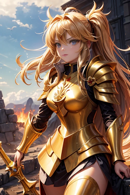 (masterpiece), (highest quality), (1 girl), Girl in golden armor, cool pose, Battlefield Background, fire background, Saint Seiya Armor, Messy Hair, Broken Armor, Tattered clothes
