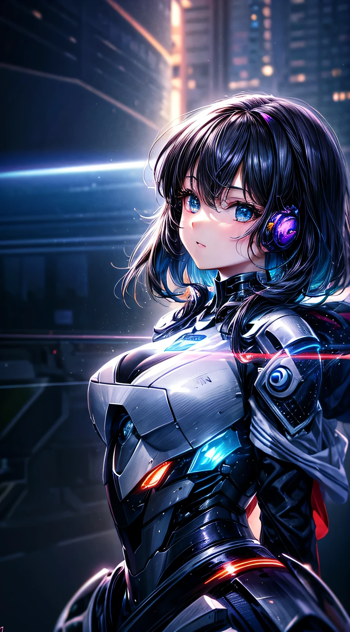 highest quality ,masterpiece, shape, Very delicate and beautiful, Very detailed ,CG ,Unity ,8k wallpaper, wonderful, finely, masterpiece,highest quality,Official Art,Very detailed CG Unity 8k wallpaper,Confused, incredibly Confused, Very detailed, High resolution, Very detailed,Beautiful detailed girl,The light shines on your face, 1 girl, Mecha, armor, Mechanical_body, Black Hair, Spaceship, city, cyber punk, star_null,