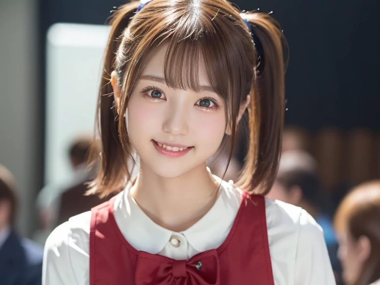 NFSW、Tabletop、masterpiece、One Girl、(Face close-up、Cowboy Shot)、Front view from the front、Japanese、Very young and pretty woman、(The cutest girl in the world)、15-year-old student、Very elaborate costumes、Smiling at the cafe、Scrunchie、Thin Necklace、Attractive person、Super cute face、glossy lips、Double eyelids on both eyes、 Natural Makeup、Shiny and smooth light brown hair、Bans、Short Twin Tails、Asymmetrical bangs、Center image、8k resolution、Advanced Details、Detailed hairstyle、Detailed face、Great cinema lighting、Octane Rendering、Vibrant、Ultra-realistic、Perfect limbs、Perfect Anatomy