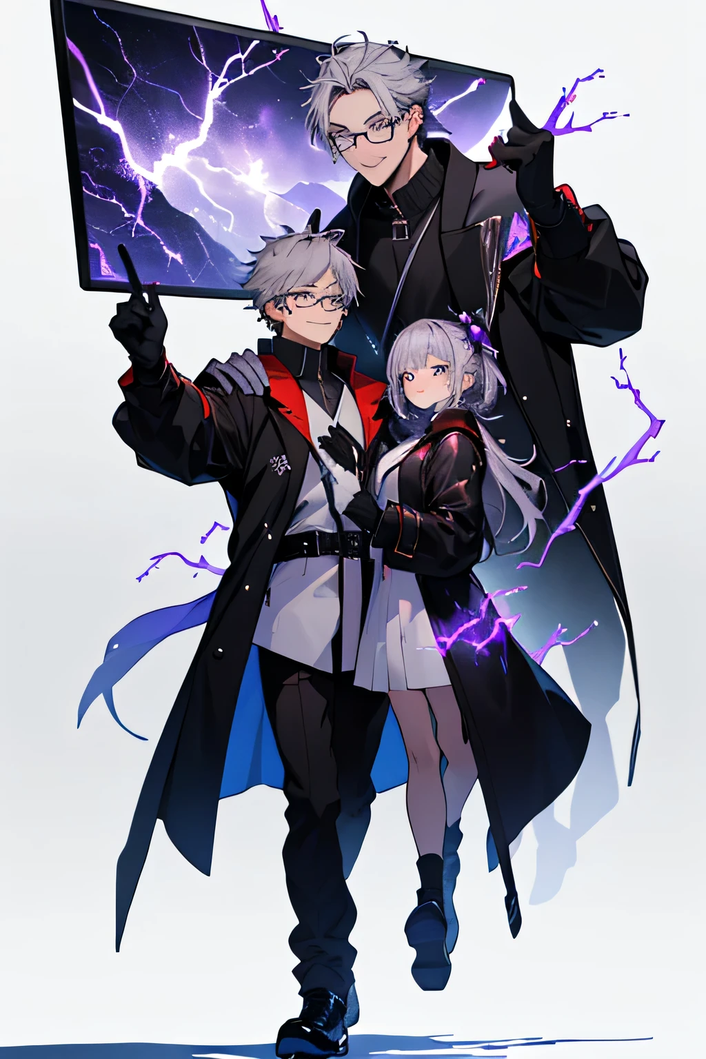 Beautiful young man with gray hair and glasses。eyes are red。Black coat with classic design decorations、White gloves。She is smiling and holding her right hand out in front of her, casting purple lightning magic.。The background is a purple magic square