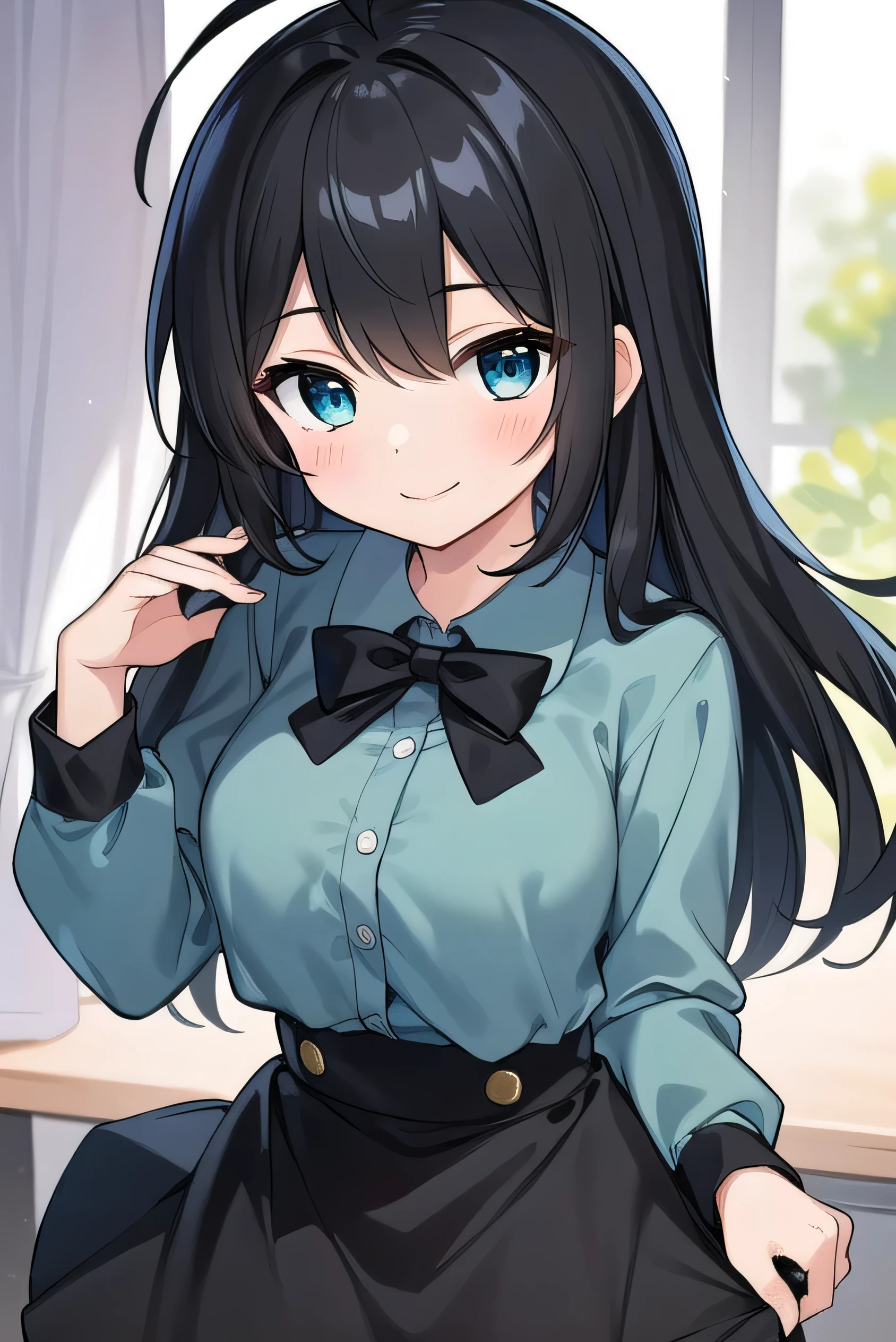 Junior high school student who looks like an elementary school student, 14 years old, very short, 140cm tall, black hair with a slight green tinge, short ahoge, beautiful long hair but with a little hair sticking out, beautiful round eyes, blue eyes, smile, boyish, long sleeves , thick clothes, skirt, big breasts, hair longer than waist, long hair, young face, dark greenish black hair, gentle smile, a little shy, skirt is black, hair is black but has a slight green tinge, boyish and gentle smile I have.
