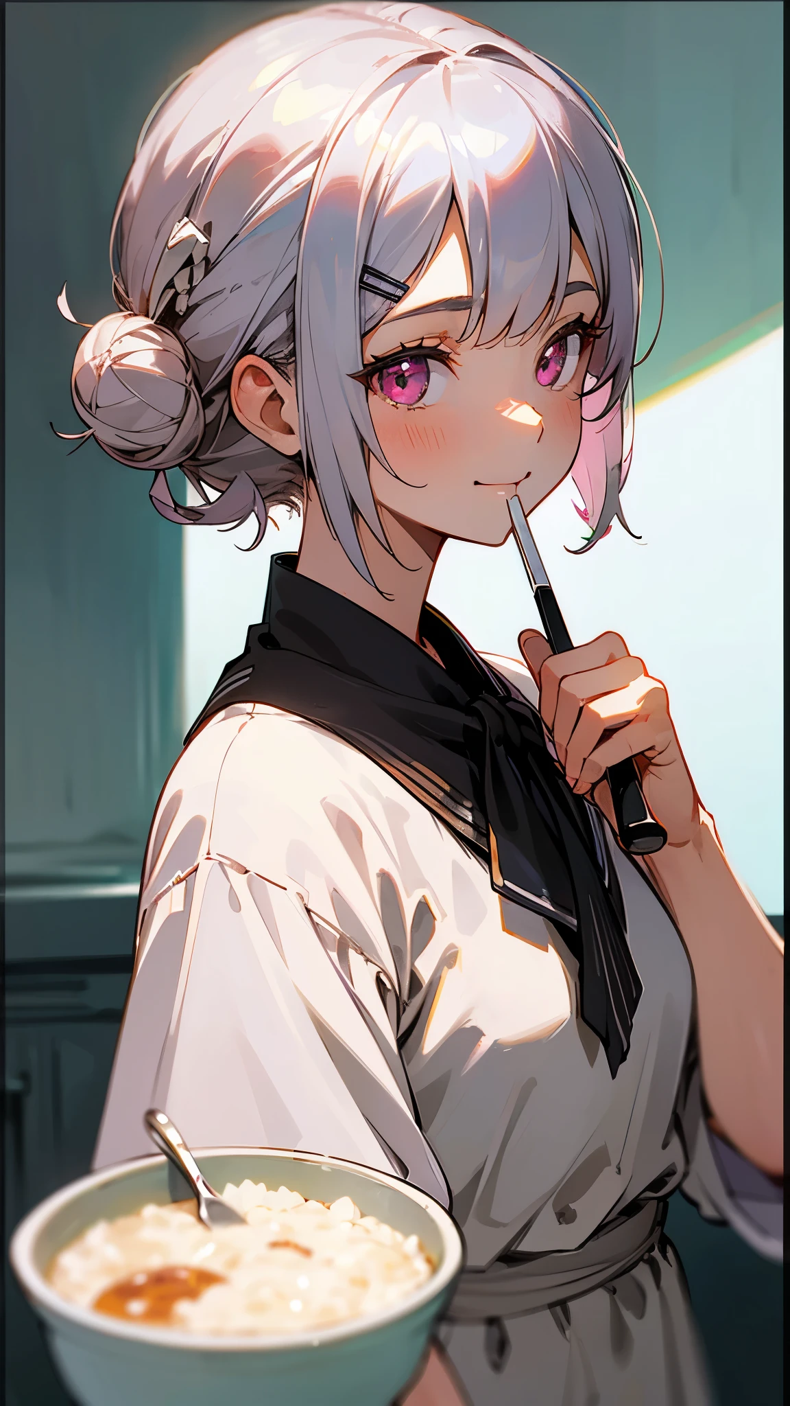 (highest quality,High resolution,Very detailed),eat porridge, Short silver bob hair tied in a bun with a hair clip, Pink Eyes、spoon, smile、From the side、Background blur, Depth of written border