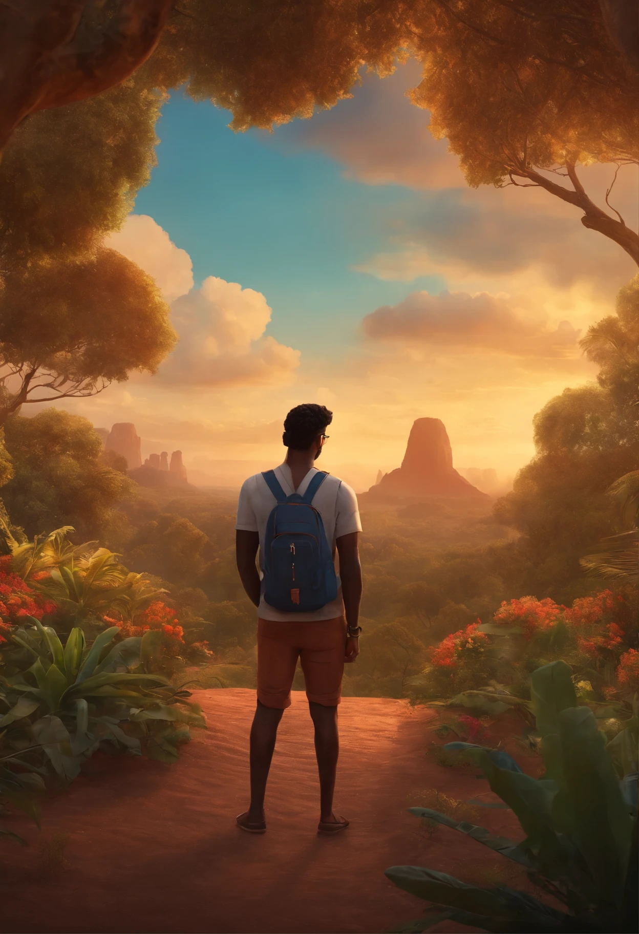 21-year-old dark-skinned Indian man with glasses, de melhor qualidade, high quality in Disney Pixar style with the title "Wanderer in Paraná with a landscape in the background