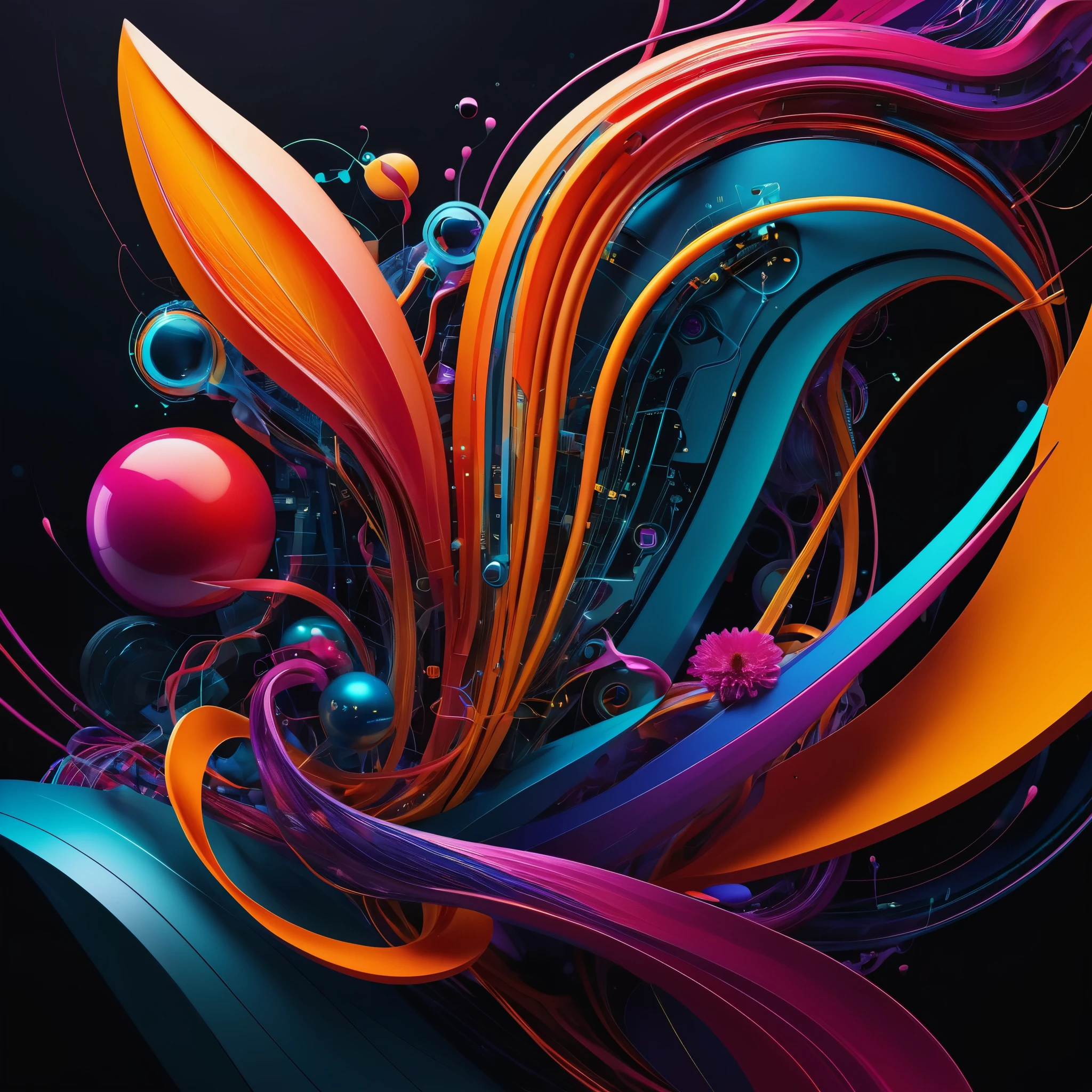 Craft an abstract representation of the AI-organic integration, using bold shapes, vibrant colors, and dynamic lines to convey the harmony between futuristic technology and nature.