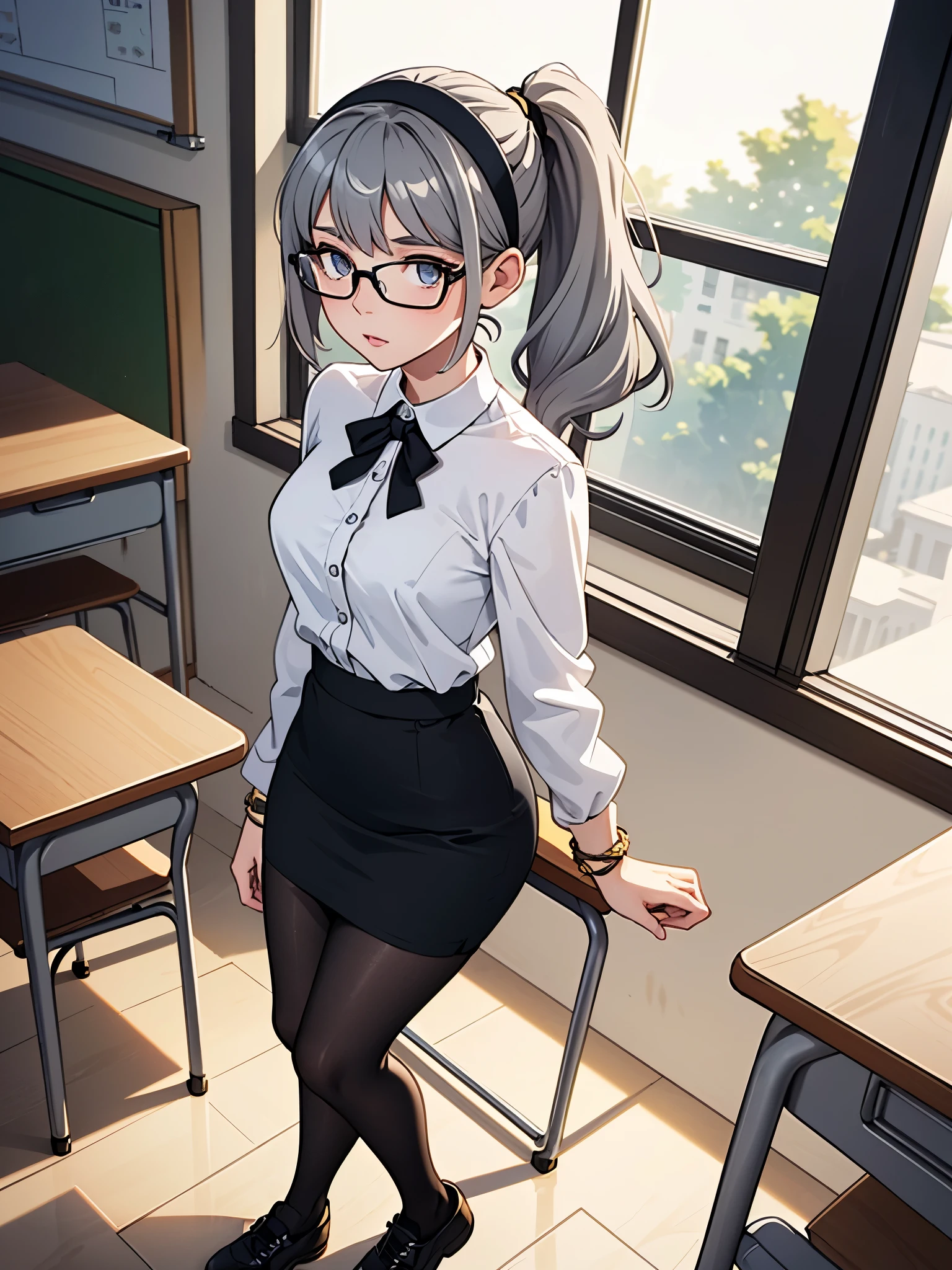 masterpiece, best quality, solo, solo focus, 1girl, (grey hair, ponytail, shoulder-length hair, wavy hair, black hairband), auburn eyes, beautiful detailed eyes, beautiful detailed face, cute face, stoic, professional, teacher, black suit, glasses, black skirt, pencil skirt, miniskirt, full pantyhose, gold bracelets, shoes, full body costume design. classroom, warm lighting.