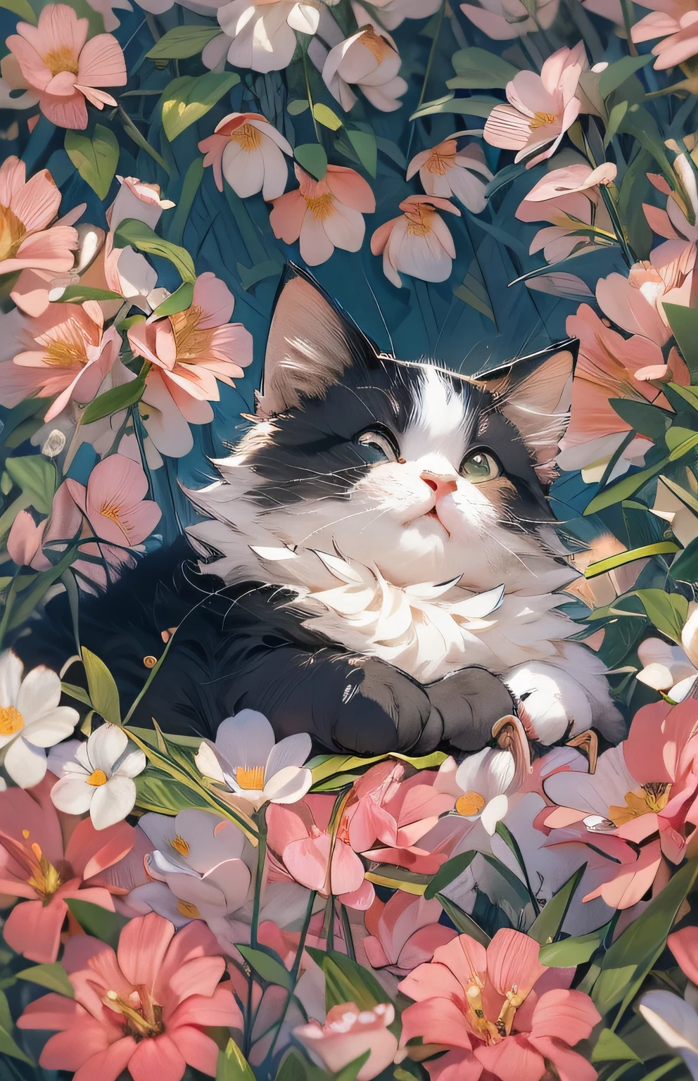 ((highest quality)), ((masterpiece)), (Get used to it), Cat , Lots of flowers in the background , Close your eyes , Are sleeping ,