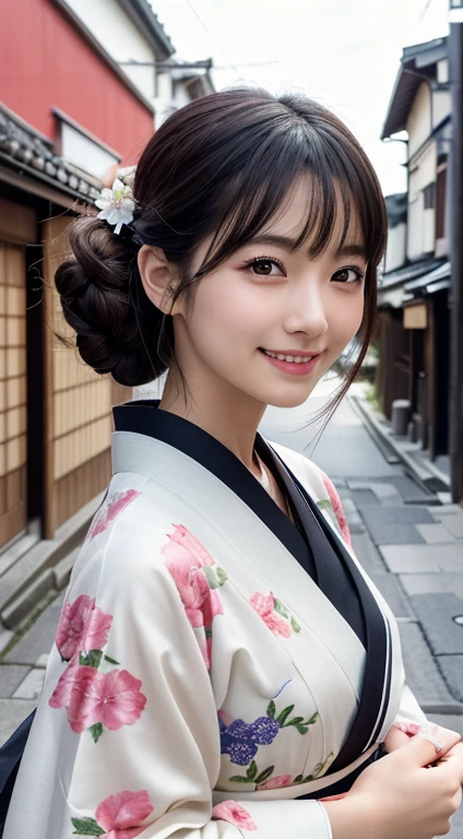 Professional Lighting,(Photorealistic:1.4), (Top image quality:1.0), (超A high resolution:1.0), 8k, Raw photography, (masterpiece:0.2), (Purelos Face_v1:0.5)、(最高quality Detail:1.2)、Realisticな、8k UHD、High resolution、(One Girl:1.2)、超detailedな、High quality textures、Intricate details、detailed、非常にdetailedなCG、High quality shadows、detailed 美しく繊細な顔、detailed 美しく繊細な目、(Symmetrical eyes:1.2),Depth of written boundary、Ray Tracing,One Girl, Japanese girl, (Natural smile:1.4),cute, thin, Portrait of a beautiful Japanese woman in a kimono, Standing in an elegant pose on a street corner in Kyoto. The kimono is vividly decorated with traditional patterns., Her hair is adorned with an elegant and delicate hairpin., Gentle expression. (With the old streets of Kyoto in the background:1.4)、The soft light of a spring afternoon、Adding tranquility to the scene. Rendered in a detailed and realistic style, High resolution画像.Sky Porn, Magic Hour, (Realistic:1.3), 細かくdetailedに, quality, (Tabletop:1.2), (Realistic:1.2), (最高quality), (複雑なdetailed), dramatic, Ray Tracing, photograph, +roller