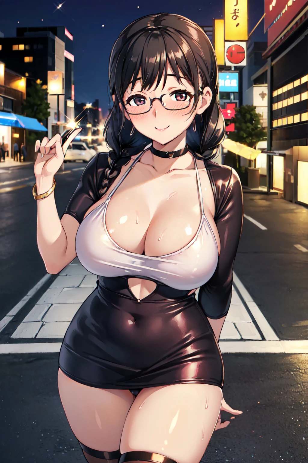 (high quality, High resolution, The finer details), Sidewalk, Side view, alone, girl, Braided Hair, , Sparkling eyes, (large round frame glasses), (Fine grain), big breasts, ((A kind smile)), blush, Sweat, Oily skin, (Focus plane), Shallow depth of field，Bodycon，mini skirt