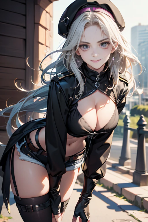 ubel,((ubel of Frieren: Beyond Journey's End )),dark green hair,long hair,side ponytail,hair between eyes,bangs, (miritary beret, black jacket, open clothes, cleavage, midriff, black shorts, black thighhighs, thigh strap, fingerless gloves, single glove:1.2) , (dynamic angle:1.3, front view:1.1, breast focus:1.3, from below:1.2), (dynamic posing:1.5, sexy posing:1.2, leaning forward), (seductive smiling:1.3),(*K) HD, highest quality, WorKs of masters, High resolution, spread legs, panties shot,1 girl, small nose,(with sparkling eyes and a contagious smile), very beautiful detailed face and eyes, bright colors, cute face, delicate beautiful face, Bright magenta eyes, cute eyes, sparkling eyes, Big eyes, (big breasts:1.3), (perky chest:1.1), (pointed chest:1.0), medium hips, glamorous body, white skin, smile, thin pubric hair, shiny hair, super beautiful face, Super beautiful eyes, Super beautiful hair,trendy outfit,sexy and attractive,explosion of colors,big hairpin,full body esbian,illegal occupation, Real World, Natural light,perfect Natural light,looking at viewer,