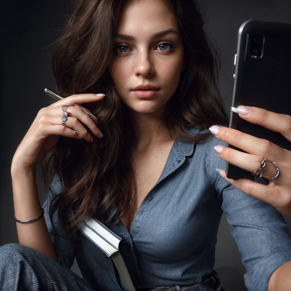 (strong chiaroscuro:1.2), selfie footage of a brunette girl,1 girl, european features, beautiful detailed eyes, beautiful detailed lips, extremely detailed eyes and face, dynamic pose, expressive facial expression, stylish, blue shirt, dark grey denim trouser, silver ring on her finger, holding a thick notebook and a pen, ultra-realistic, high def, studio lighting, vivid colors