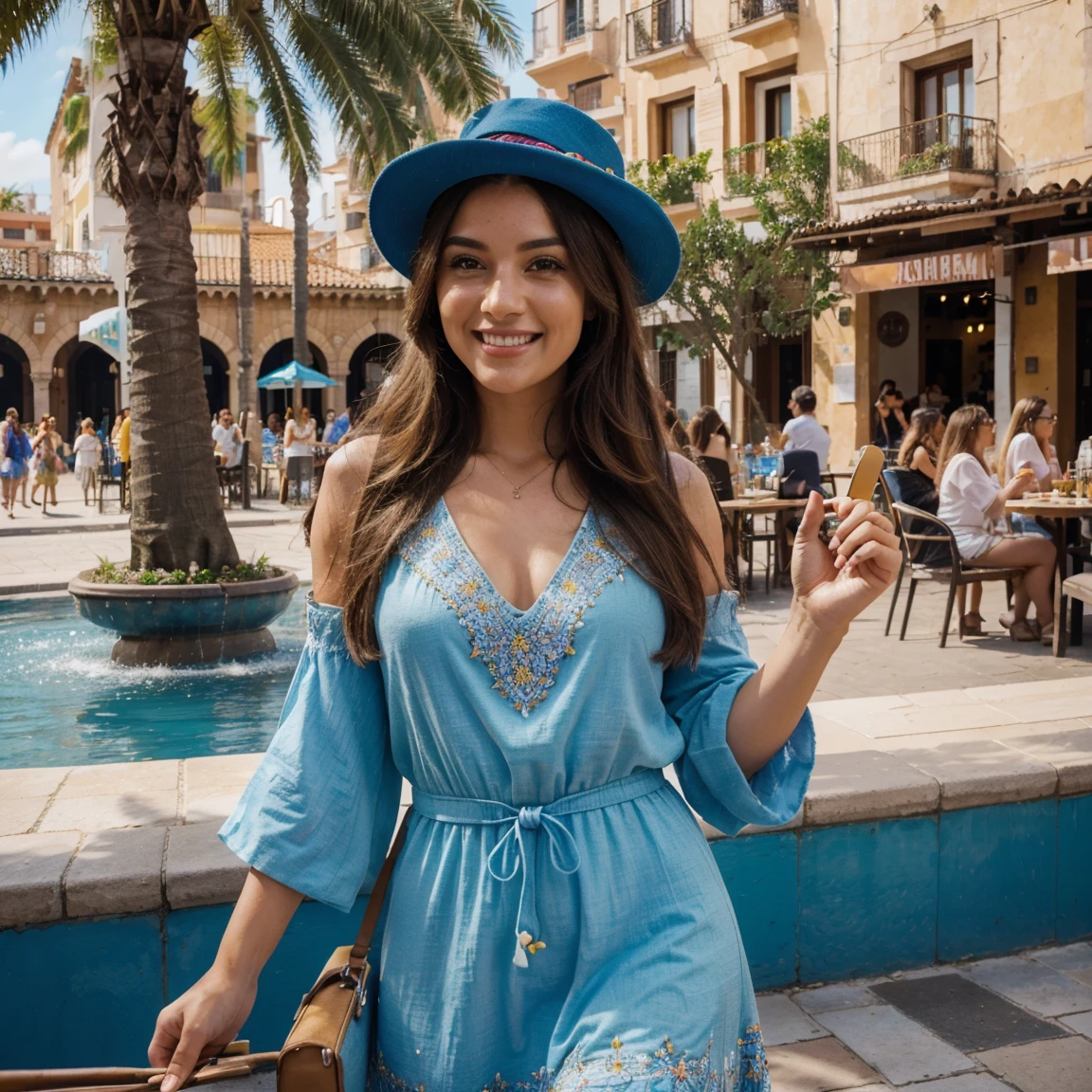 (best quality,highres,ultra-detailed:1.2), HDR, vivid colors, beautiful girl, Barcelona square, lively atmosphere, charming architecture, colorful flowers, happy people, stunning view, cozy cafe, outdoor dining, sunny weather, elegant dress, stylish hat, joyful expression, long flowing hair, vibrant street performers, bustling crowd, street musicians, mouthwatering food stands, historical landmarks, mosaic pavement, decorative fountains, palm trees, blue sky, warm sunshine, laughter and laughter, carefree moments
