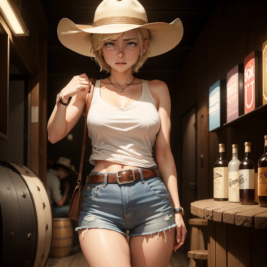 A sad, crying country girlＸ1, White tank top, Cowboy hat, Denim hot pants,belt,watch,daisy dukes, Short blonde hair、Tears flowing,FULLBODY、bar at night