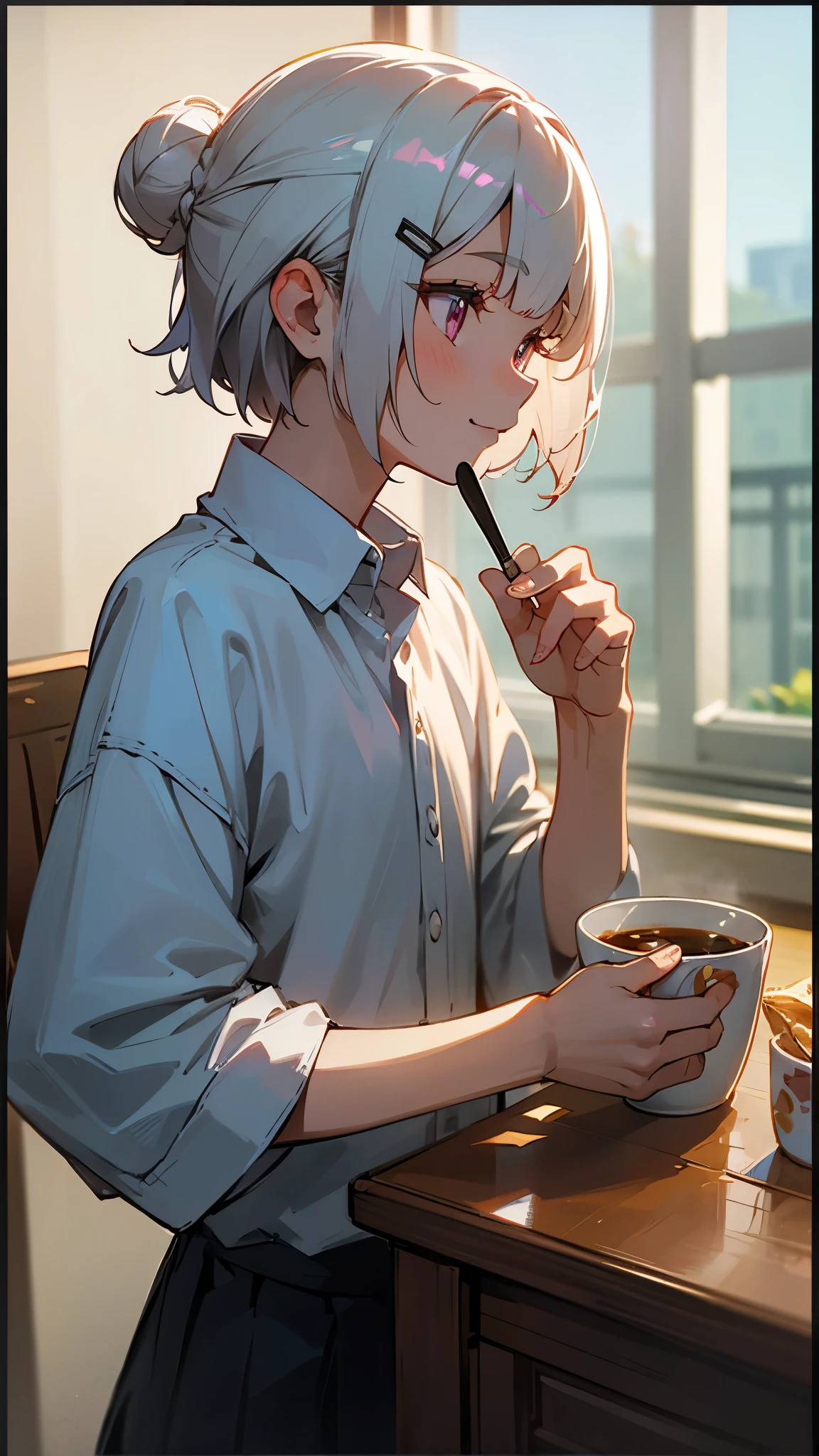 (highest quality,High resolution,Very detailed),eat porridge, Short silver bob hair tied in a bun with a hair clip, Pink Eyes、spoon, smile、From the side、Background blur, Depth of written border