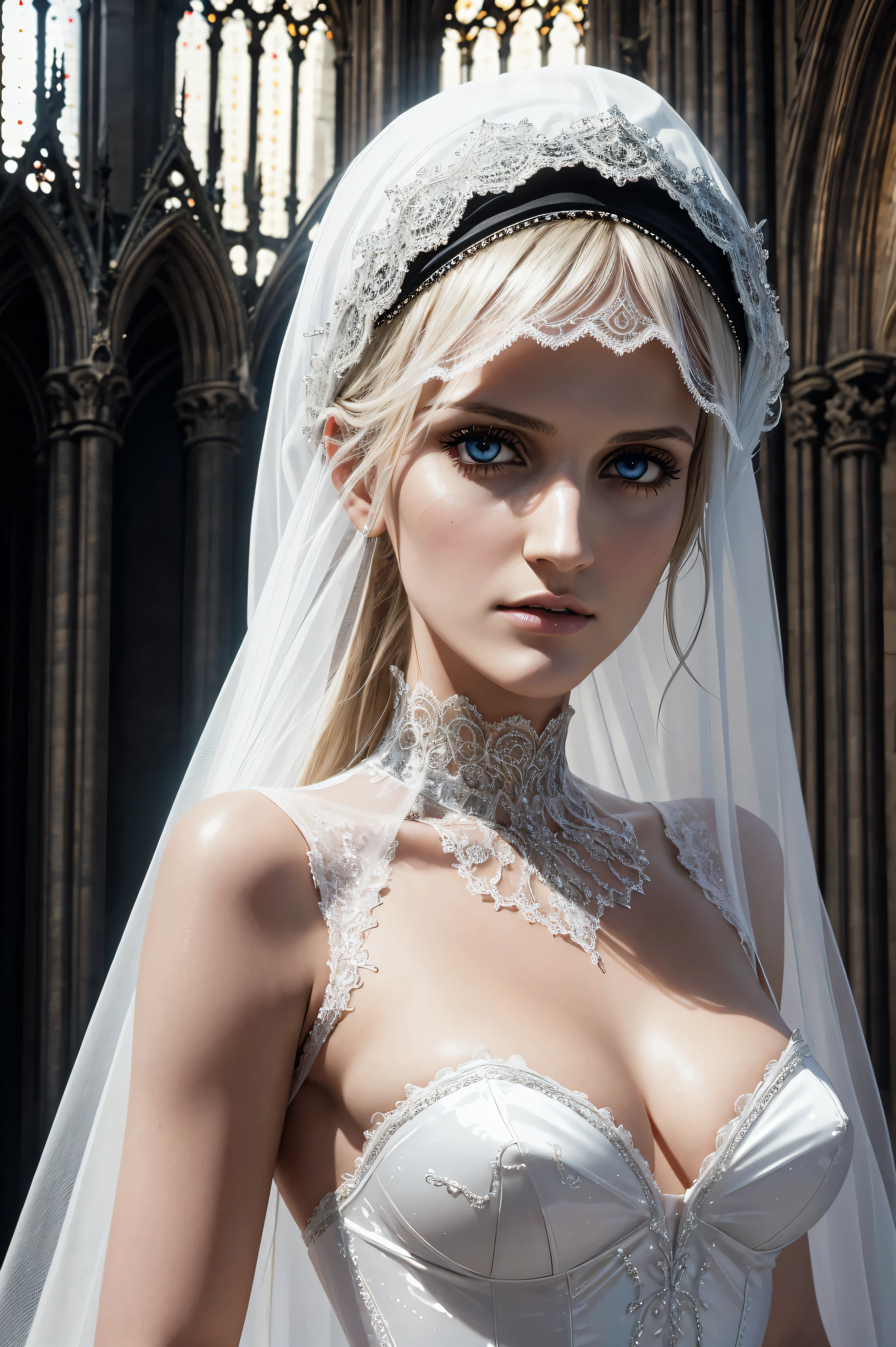 Ashlee Simpson, wearing veil bride latex costume transparent. professionally retouched, soft lighting, realistic, smooth face, perfect eyes, sharp focus on eyes, 8 k, high definition, insanely detailed, intricate, elegant. against the background of the Notre Dame Cathedral.