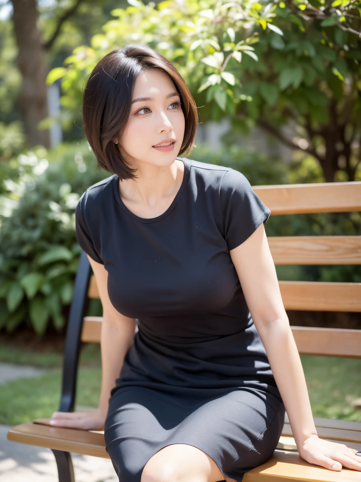 最high quality, In 8K, Masseter region, Vibrant, Sharp focus, high quality, High resolution, Detailed face, Fine grain, Thick lips, (Looking at the audience), alone, Beautiful woman, 38 years old, plum, Short black hair,  Brightly colored patterned dress, afternoon、in front of the park garden,Sit on a bench：1.5