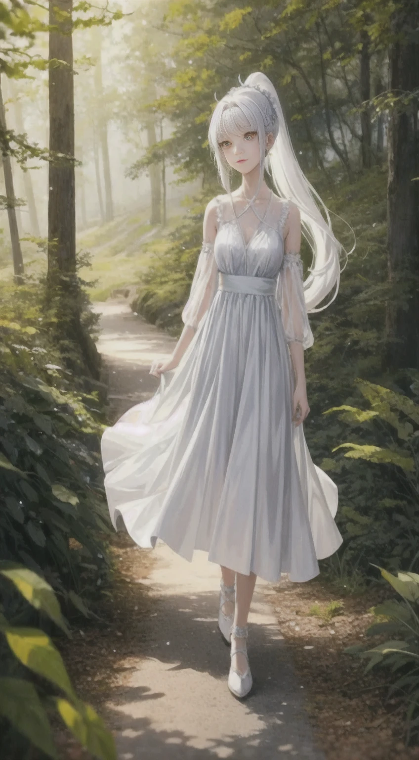 anime girl in a dress walking down a path in the woods, cute anime waifu in a nice dress, white dress!! of silver hair, beautiful anime girl, wearing a flowing dress, anime goddess, beautiful anime style, beautiful anime woman, fantasy dress, anime in fantasy style, ancient white dress, beautiful fantasy anime, fantasy art style, ethereal anime, flowing dress