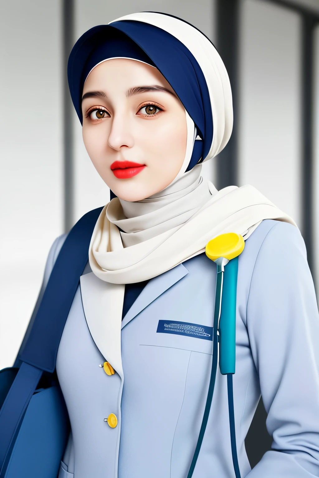 Perfect face A Muslim woman wears the Islamic hijab with a white coat and a blue scrub underneath. She wears a headset around her neck and holds a diplomatic bag in her right hand. Yellow eyes with red lips, perfect face and high face quality, full picture