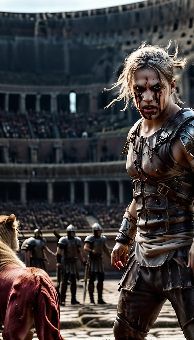 Under the gaze of thousands, the Roman Colosseum becomes a stage for horror. Prisoners tremble as they are met with ravenous lions and relentless gladiators, their bloodcurdling screams becoming the chorus to a macabre show of death, background dark, hyper realistic, face detail, ultra detailed hyper realistic, photorealistic, Studio Lighting, reflections, dynamic pose, Cinematic, Color Grading, Photography, Shot on 50mm lens, Ultra-Wide Angle, Depth of Field, hyper-detailed, beautifully color, 8k