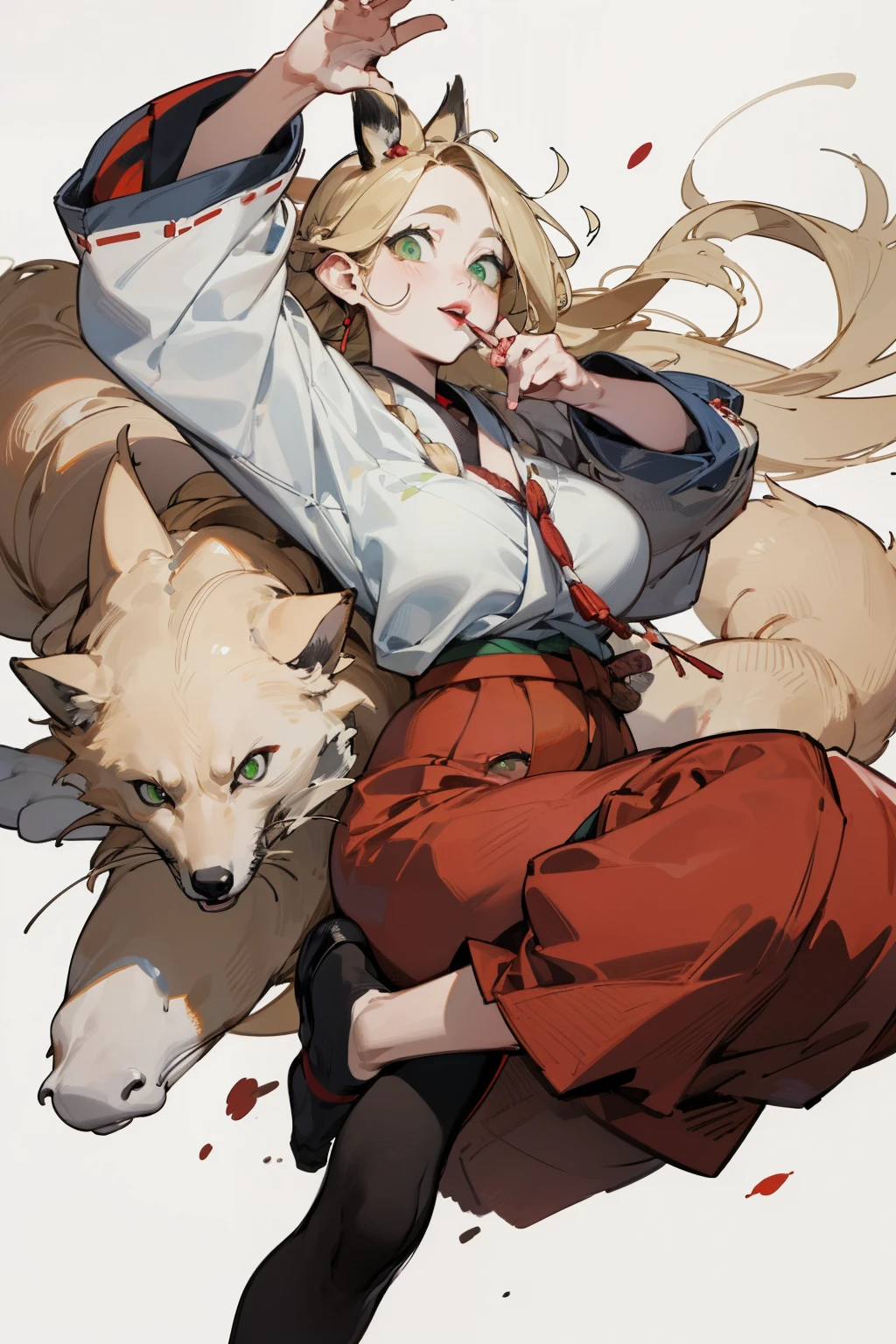 solitary, (Fox ears), Exquisite eyes, blond hair,Facial details, Green Eyes, Red Eyeshadow, lips are red, Fake laugh, Ukiyo-e, masterpiece, high quality, big breasts,Red skirt,Black tights,High heel