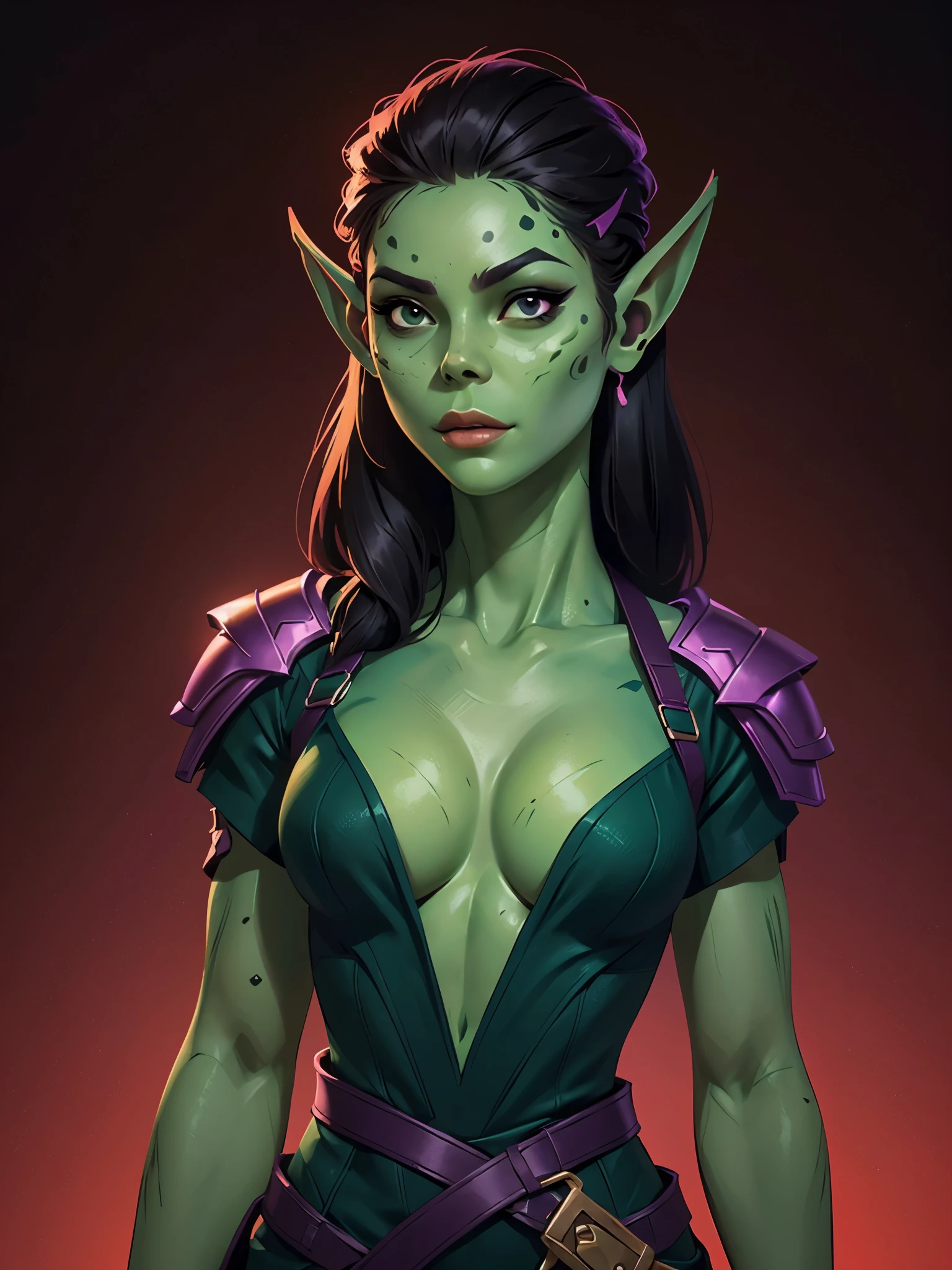 one githyanki girl, githyanki, (green skin, pointy ears, long ears:1.5), solo, (slender body:1.2), (muscular, upper body, bust:1.2), black eyes, black hair, (revealing outfit, tiny breasts, small breasts, male chest, cleavage, exposed body:1.5), bare shoulders, (belts, shoulder-belts:1.3), masterpiece, highly detailed, look at viewer, shiny blured orange background, gradient sprayed background, front view, gradient red purple background, blured background, glowing edges of image