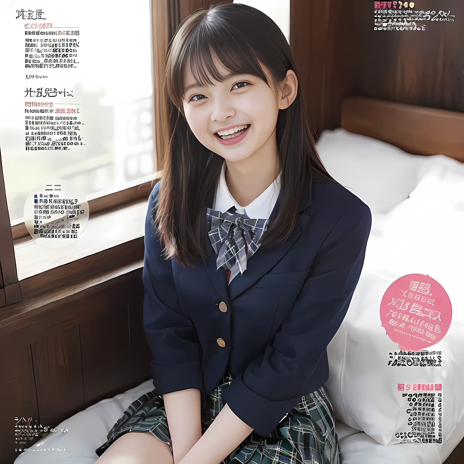 (highest quality、masterpiece:1.2)、highest quality、realistic、photograph、High resolution、1080p、8K、The face is especially pale., physical rendering、((Height: 155cm)), one Japanese girl、((A siren in the form of a 15-year-old Japanese junior high school student is sitting.)), (((((Beautiful girl fashion model in a Japanese magazine))))), , (((big very detailed beautiful dark brown eyes))), ((blue girly large wine-red glossy polyester Japanese school ribbon bow tie)), (((black very beautiful and very very long straight hair))), ((((deep blue colored tartan checkered formal long pleated pleated skirt)))), ((A unpatterned formal dark blue blazer in solid that is slightly oversized and has an emblem on the left chest.)), (((((((laughing at me!))))))), mouth is open, The large blazer and skirt are very cute., detailed fingers, Slender body, ((curled bangs)), so beautiful, ((Very big and very very very cute eyes of a Japanese girl)), ((large pupils)), double eyelids, The entire skirt is photographed, thin eyebrows, ((drooping eyes)), (((very long eyelashes))), ((cute lovely lovely laughing laughing cheeks)), ((Pure white light hits her face from above and in the front, making her skin and eyes shine beautifully.)), ((Strong light hits the nose and cheeks、It brings out the richness of the expression.)), (((((Her face is expressive, pure and very intelligent.))))), (((looking at the viewer))), (((((At a very gorgeous underground holy sacred room with a very gorgeous and very divine bed)))))