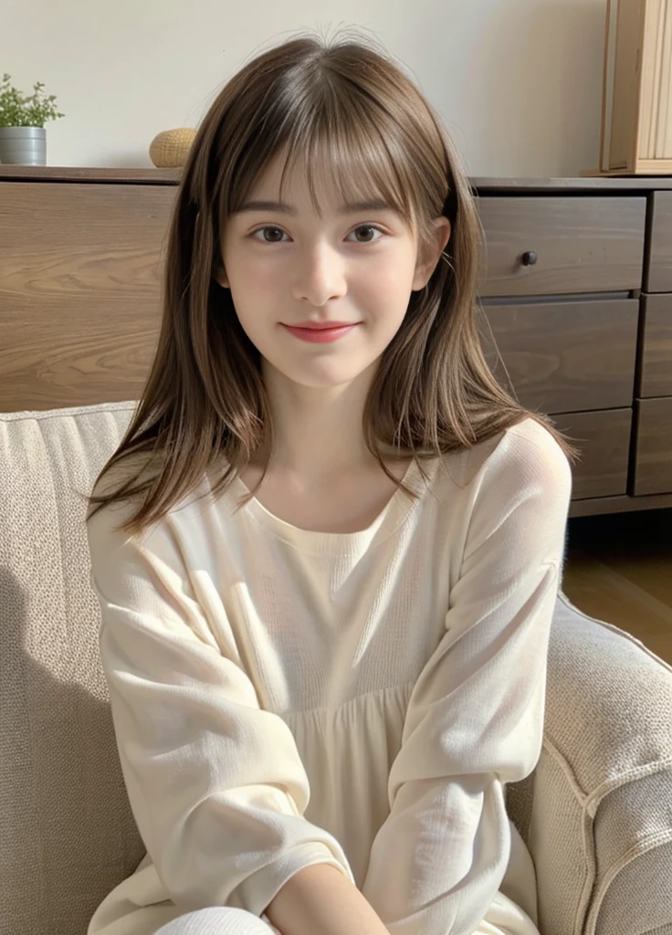  beautiful girl、Japanese、Highest quality、Realistic、16K、Baby Fa、Youeavy bangs、Woman posing for the camera in her sunny living room, Sitting on the sofa、sexy outfit、Instagram、thin、Model Body Type|, Beautiful woman, Light brown hair、Slightly wavy hair、smile、panoramic、Taken from a distance