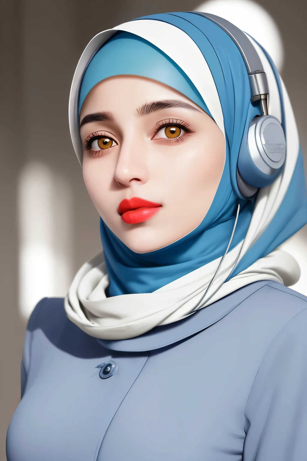 Perfect face A Muslim woman wears the Islamic hijab with a white coat and a blue scrub underneath. She wears a headset around her neck and holds a diplomatic bag in her right hand. Yellow eyes with red lips, perfect face and high face quality,base style