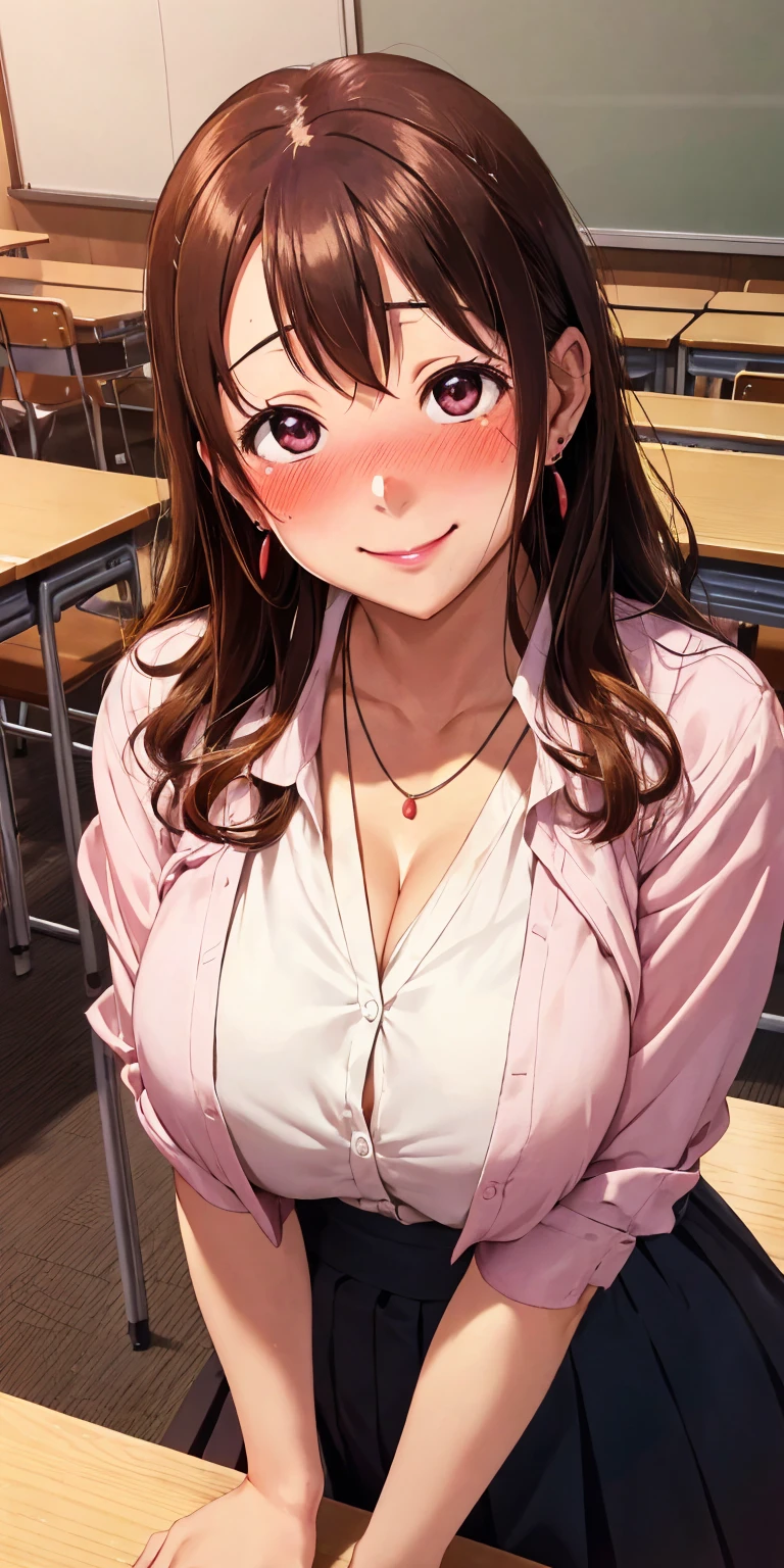 Kousaka honoka, Big Breasts, Cleavage, unbuttoned , skirt, Are standing, smile, (Blushing:1.3), Classroom Background, Sit at the table, (throw), Shining Eyes, necklace, Earrings