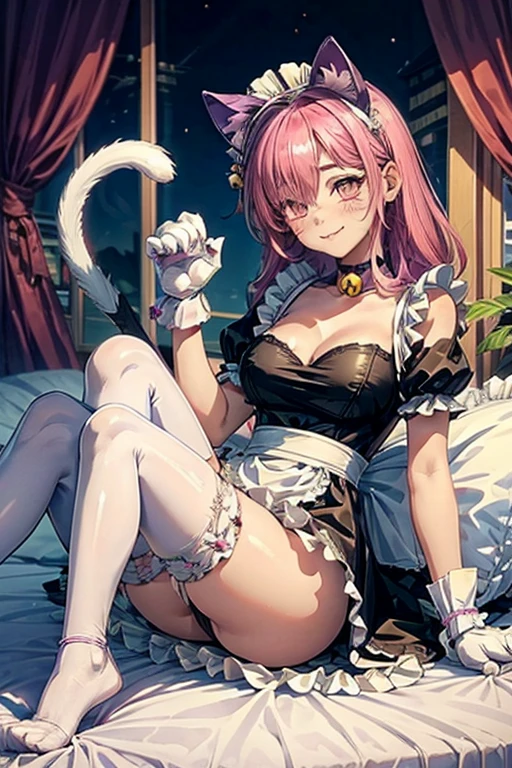 pinku_pawlette, cat_ears, cat_tail, pink_hair, purple_eyes, hair_over_one_eye maid, maid_uniform, maid_headdress, dress, paw_gloves, cat_paws, white_legwear, neck_bell, bell, shoes, lie in bed, smiling, blushing