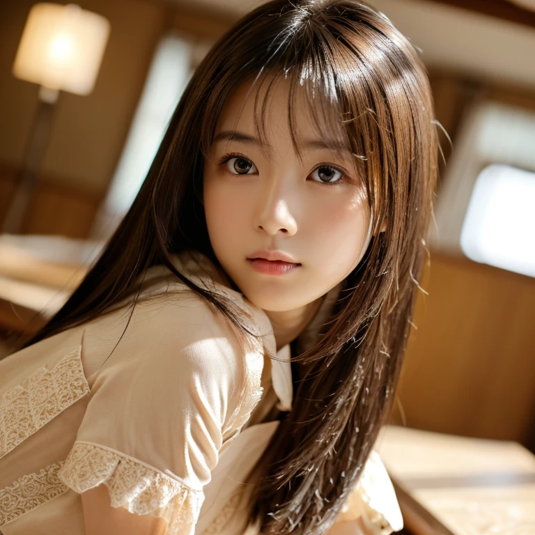 highest quality, Face Focus, Soft Light, Ultra-high resolution, (Realistic:1.4), RAW Photos, 1 Japanese girl, alone, cute, (pupil, Light in your eyes), Beautiful face in every detail, (),(High resolution detail of human skin texture), (Long Hair), indoor, Damask Shirt Dress, (Portraiture)