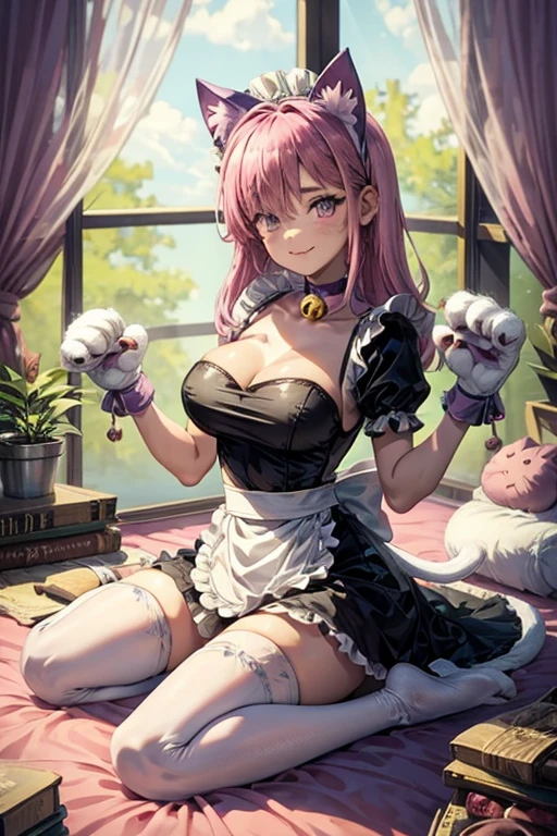 pinku_pawlette, cat_ears, cat_tail, pink_hair, purple_eyes, hair_over_one_eye maid, maid_uniform, maid_headdress, dress, paw_gloves, cat_paws, white_legwear, neck_bell, bell, shoes, lie in bed, smiling