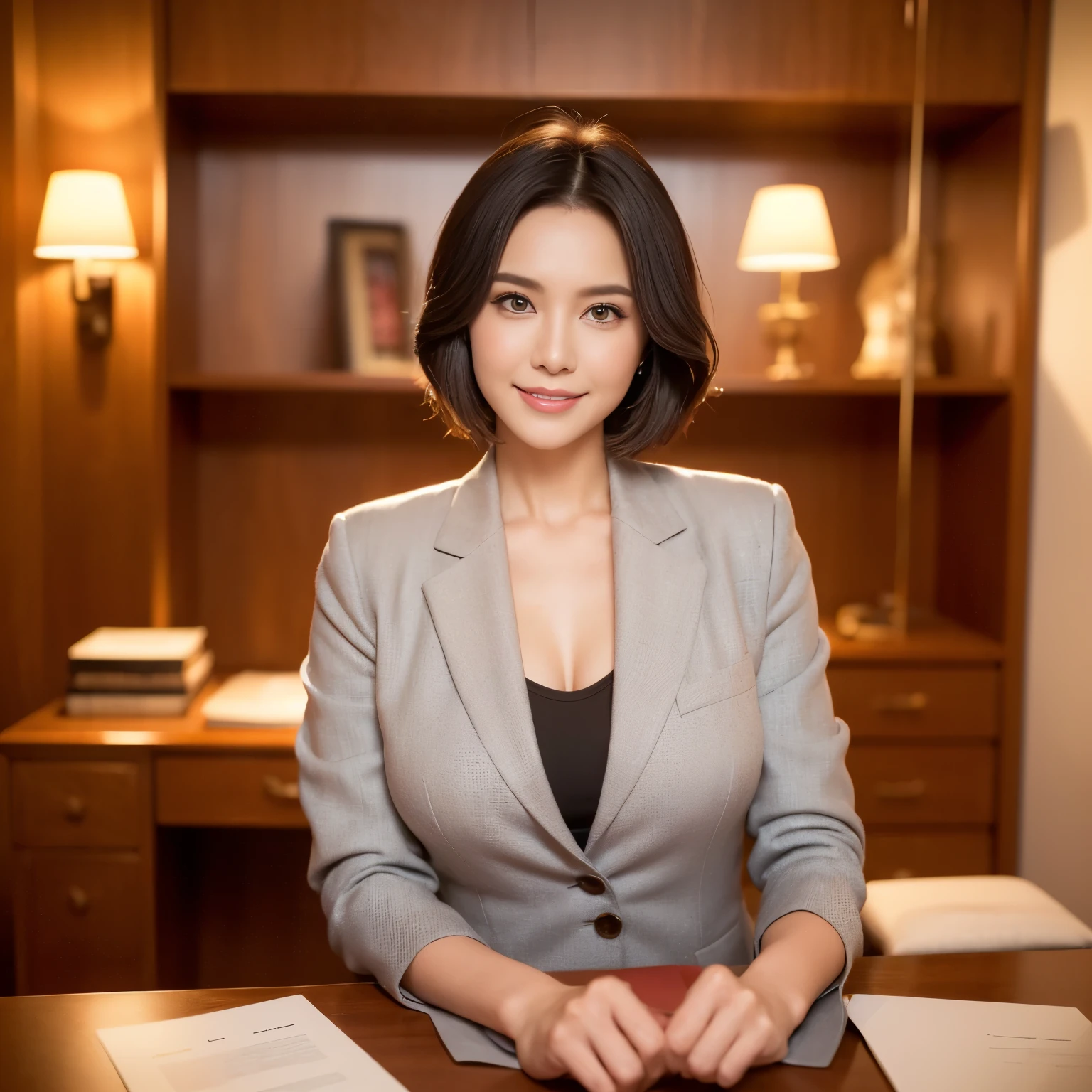 ((highest quality、Tabletop、8k、Best image quality))、((one mature woman、She holds the most luxurious CEO position'office、Standing Elegantly、Secretary with elegant posture))、(1 photo:1.5)、(Women's photos'Upper Body:1.5)、(female cowboy shot:1.5)、Hair Bun、(Grey suit、White Formal Blouse)、(The most luxurious and luxurious royal VIP room、bright lighting of chandelier、The most luxurious and luxurious desk、The most luxurious and luxurious glass showcase、the most luxurious and luxurious chair、the most luxurious and luxurious carpet、The most luxurious and luxurious bookshelf、the most luxurious and luxurious curtains)、Perfect Anatomy、Beautiful Teeth、Sad Smile、Detailed face、(C cup breasts:1.2)、(Standard body shape)、(Short black hair:1.4)