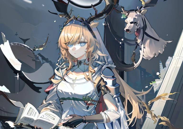 anime - style of depicting a woman with a sword and armor, from the night of the ark, In Monster Hunter Armor, polar knight, warm color palette,Golden hair,anthropomorphic deer female, very beautiful berserk woman, ( ( Character concept art ) ), женщина-druid, Official character art, female forest archer, anthropomorphic deer female, forest hunter lady, druid, eBlue eyes,Forest background,stand in the forest