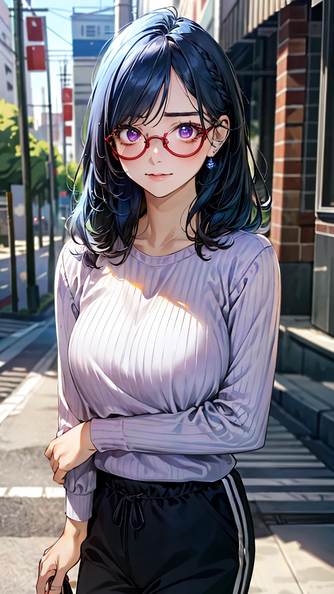 (masterpiece:1.3, top-quality, ultra high res, ultra detailed), (realistic, photorealistic:1.4), beautiful illustration, perfect lighting, natural lighting, colorful, depth of fields, surrealism,
beautiful detailed hair, beautiful detailed face, beautiful detailed eyes, beautiful clavicle, beautiful body, beautiful chest, beautiful thigh, beautiful legs, beautiful fingers,
looking at viewer, 1 girl, japanese, 18 years old, (perfect anatomy, anatomically correct), cute and symmetrical face, babyface, perfect face, perfect eyes, shiny skin,
(long hair:1.8, updo hairstyle:1.5, blue hair), parted bangs, purple eyes, (big eyes), long eye lasher, (large breasts:1.2, seductive thighs), ((((red-rimmed glasses)))),
((long sleeve light purple sweater, dark blue track pants), purpule hair scrunchie), sandals,
(beautiful scenery), summer, evening, (downtown), (sad),