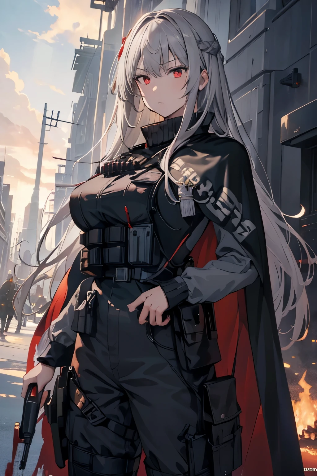 (best quality:1.3), (masterpiece:1.3), (illustration:1.3), (ultra-detailed:1.3), (mid shot:0.9), 1girl, large breasts, red eyes, long hair, ((military uniform, gray hair, cape)), nice hands, perfect hands, black coat, elegant, black uniform, long pants, hands on sides, evelyn, bangs, long hair, soldiers, serious expression, tall, mature, holster, long sleeves, blood, bloody, tactical vest,