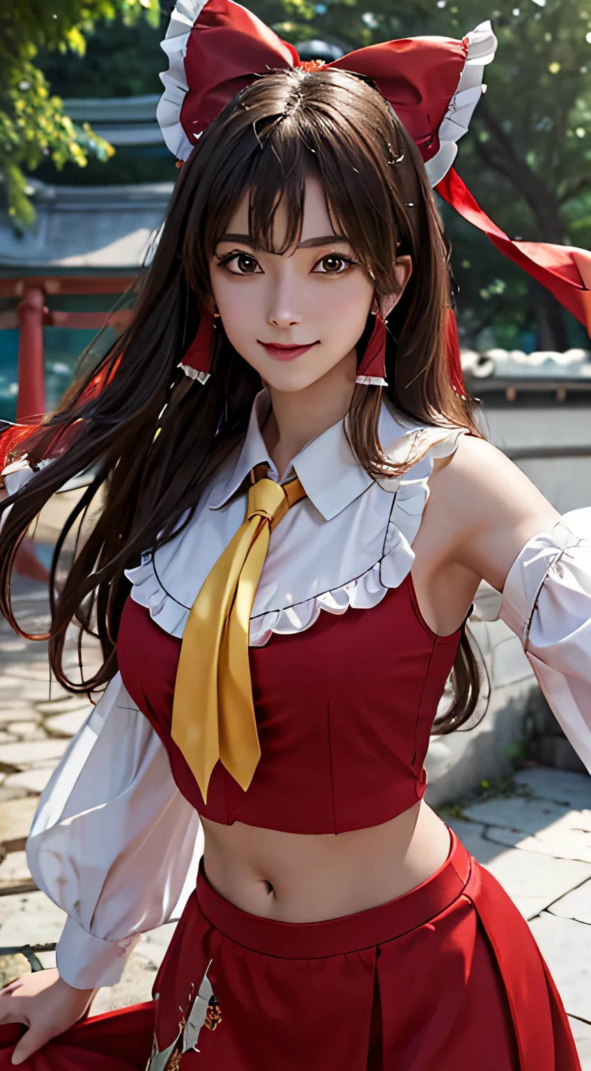 best quality、Raw photo (((18 year old female)))、1 girl、Reimu Hakurei、touhou project、(See here)、(((looking at viewer)))、(((red ribbon)))、(((Yellow tie)))、(((open red top)))、(((red skirt)))、((Exposed shoulders))、shrine、sunny