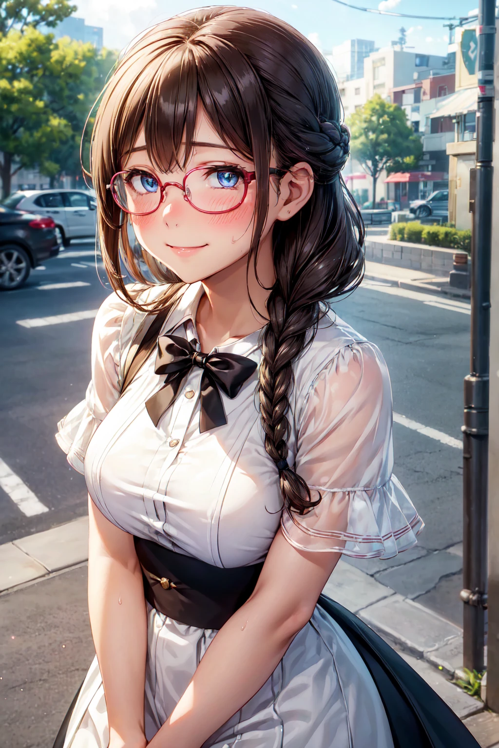 (high quality, High resolution, The finer details), Sidewalk, Side view, alone, girl, Braid, , Sparkling eyes, (large round frame glasses), (Beautiful Eyes), Small breasts, ((A kind smile)), blush, Sweat, Oily skin, (focal plane), Shallow depth of field