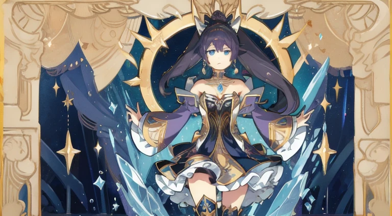 girl, One, Mona \(Genshin Impact\), necklace, hair between eyes, star \(symbol\), long hair, dark purple hair, ponytail, Blue eyes, shining eyes, earrings, Jewelry, witch, Maid, bang, black boots, landscape, night sky, star \(sky\), starry sky, night, open, clouds, reflection, water, magic, Tarot, water magic, enchantress, fairy, ((beautiful golden crystal star))