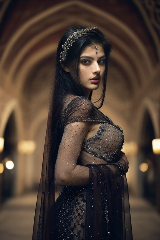 (((Stunningly Beautiful persian Princesss ))), elegant red black updo hair, Janhvi Kapoor, Laetitia Casta, sweet smile, Beautiful bride posing under a fairy tale arch of exotic magical flowers, looking back,elaborate scene style, crystal glass lattice, glitter, transparent embroidered lace, realistic style, 8k,exposure blend, medium shot, bokeh, (hdr:1.4), (cinematic), ( dark tones:1.3), (hyperdetailed:1.2),Realism,1 girl,girl wearing indian saree(dressed in transparent saree)(wearing glitter graphics jewelry)big  ,Sexy Big Breast,nipple,bright light ,long_hair, Bokeh ,nsfw , indian ,tree branch, colourfull ,undersized bra,princess dress,lehenga choli