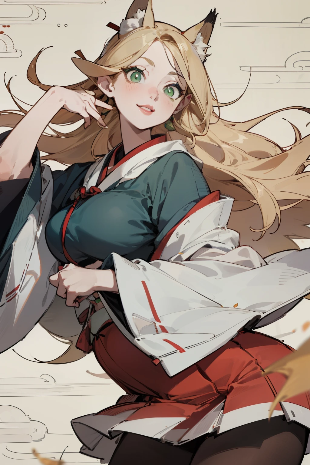 solitary, (Fox ears), Exquisite eyes, blond hair,Facial details, Green Eyes, Red Eyeshadow, lips are red, Fake laugh, Ukiyo-e, masterpiece, high quality, big breasts,Red skirt,Black tights,High heel